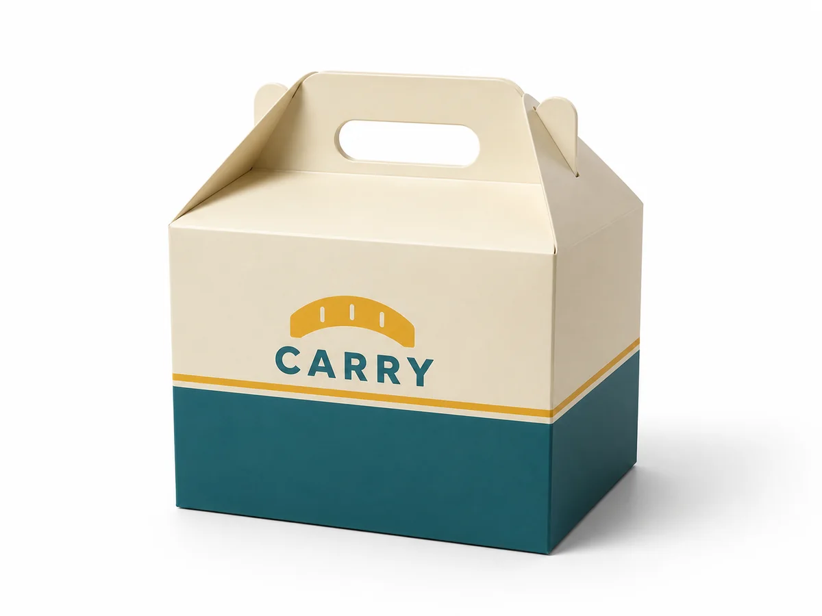 Folding paperboard gable box with interlocking integrated handle