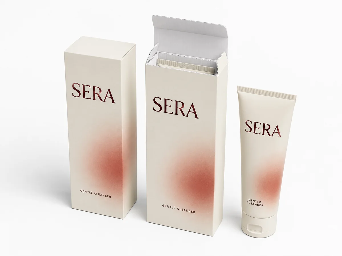 Reverse tuck end cosmetic cleanser box with white corrugated insert
