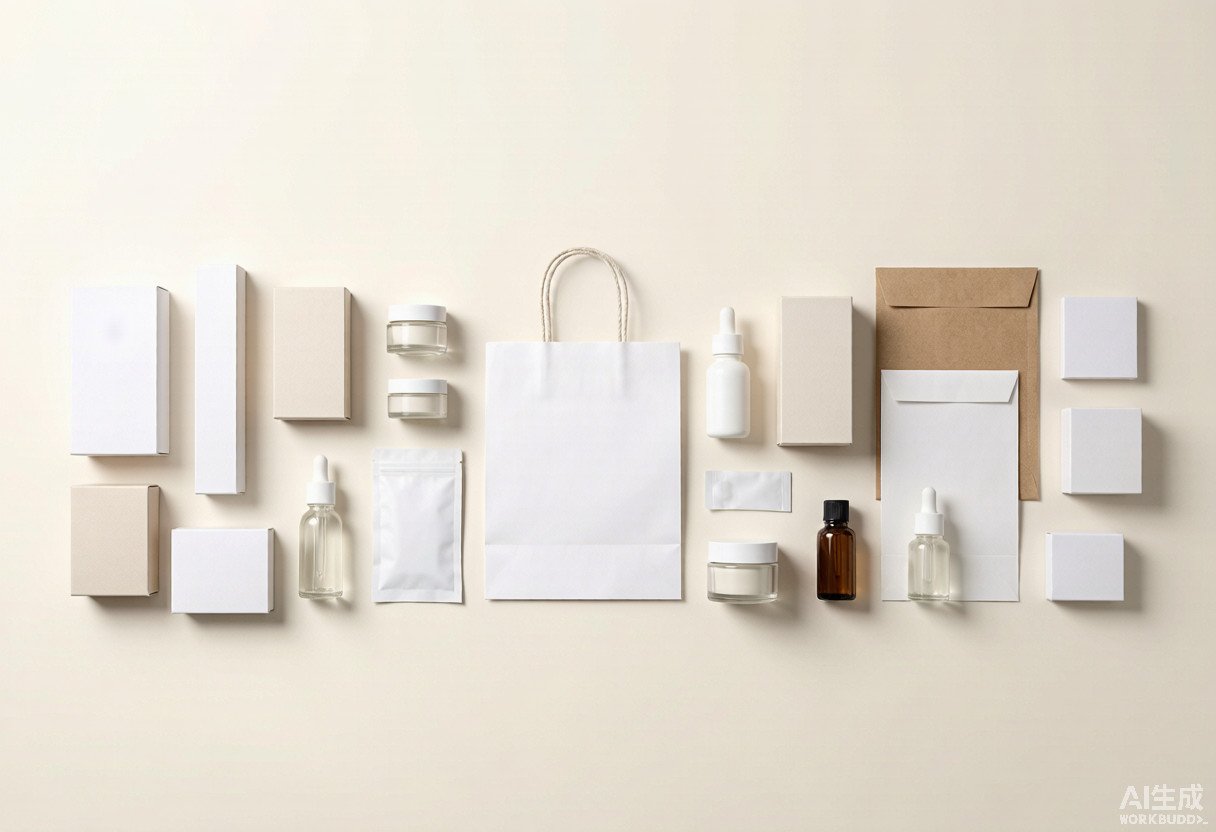Complete cosmetic packaging suite with boxes bottles and bags