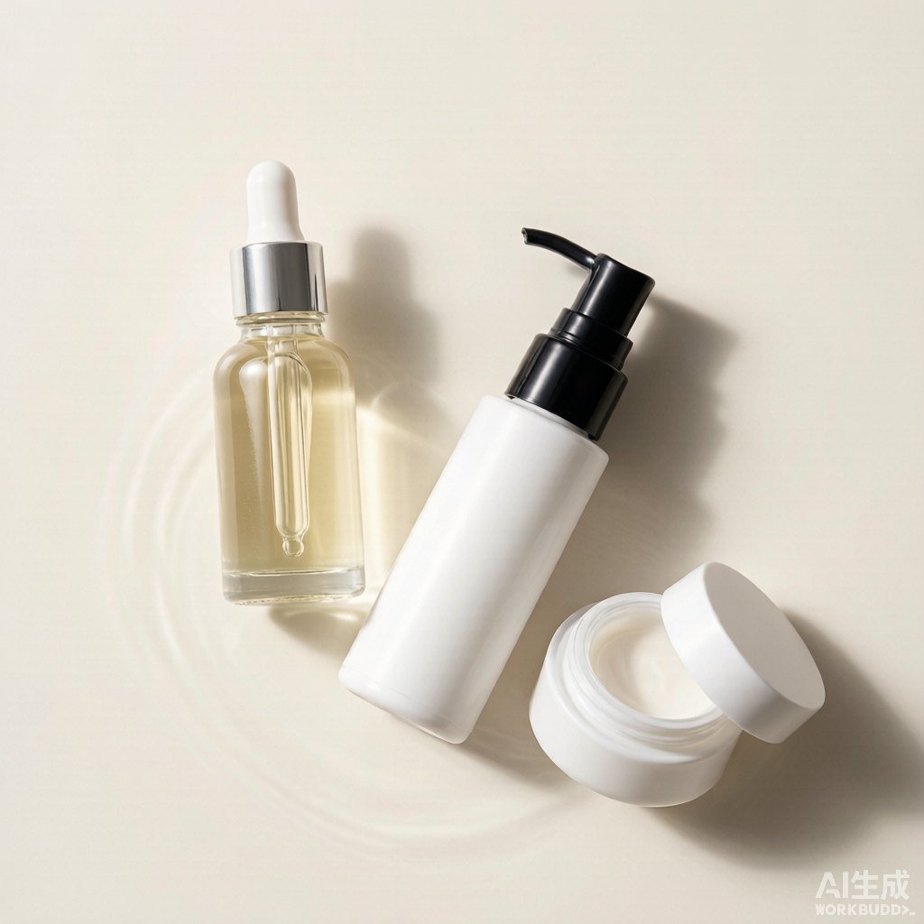 Skincare serum bottles and cream jars