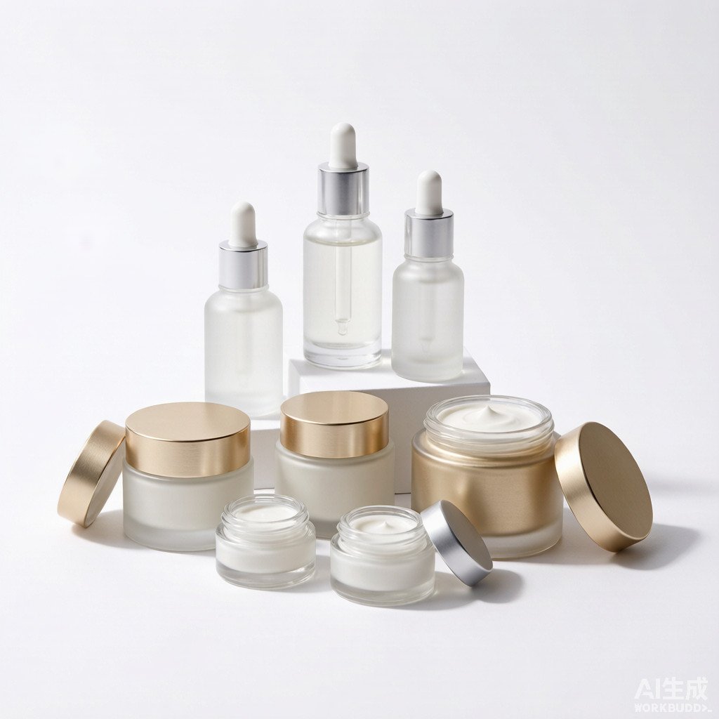 Skincare serum bottles and cream jars