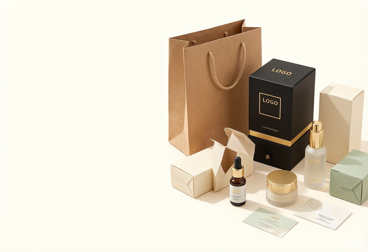 Complete cosmetic packaging suite with boxes bottles and bags
