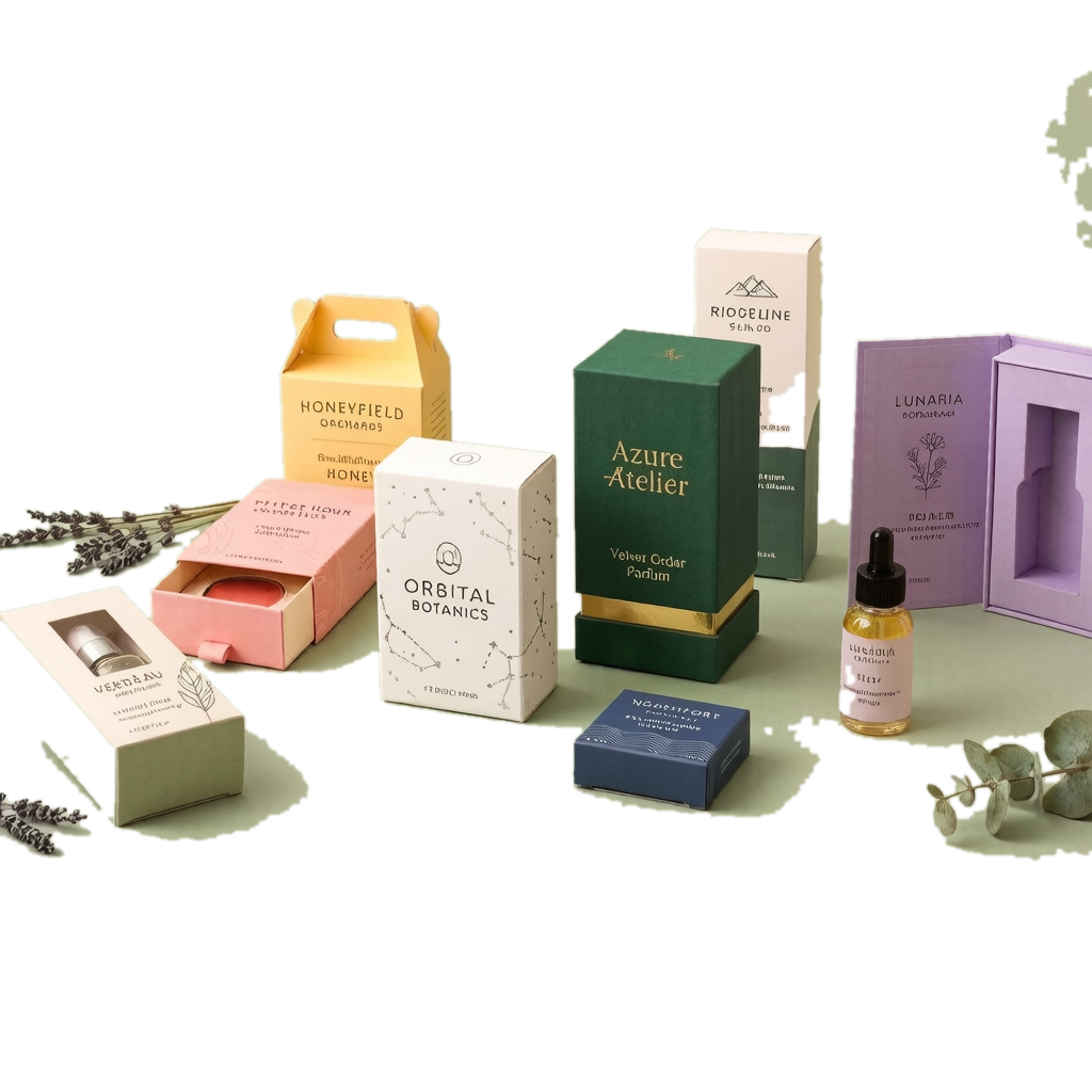 Custom plastic bottle and cosmetic packaging collection on dark background