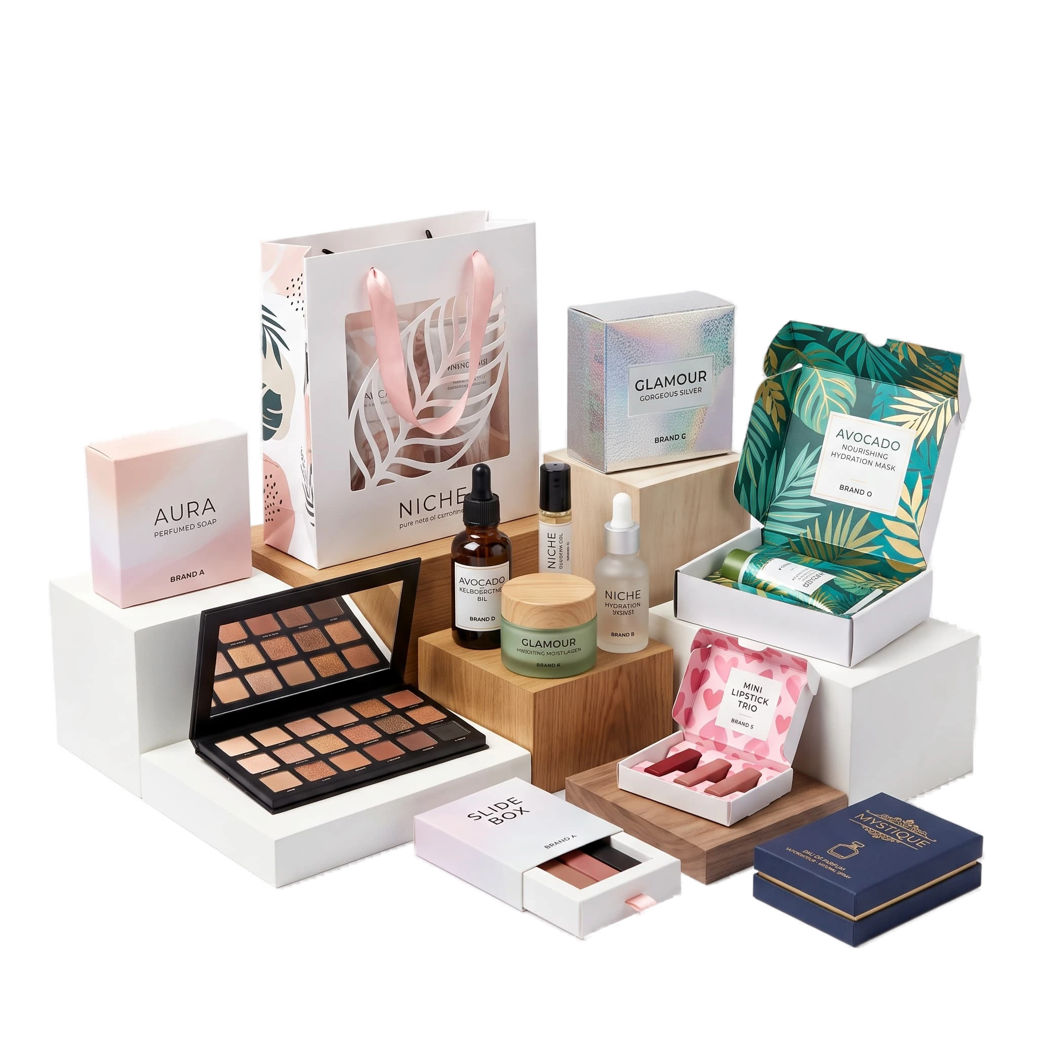 Custom cosmetic and gift packaging collection with boxes, bags, bottles and makeup palettes