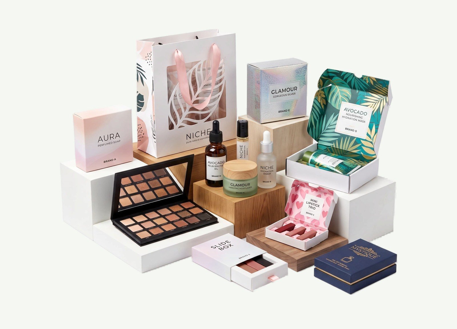 Custom cosmetic and gift packaging collection with boxes, bags, bottles and makeup palettes