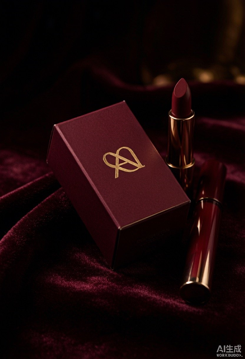 Luxury rigid lipstick box in deep wine red with gold foil logo beside a lipstick bullet and lip gloss tube