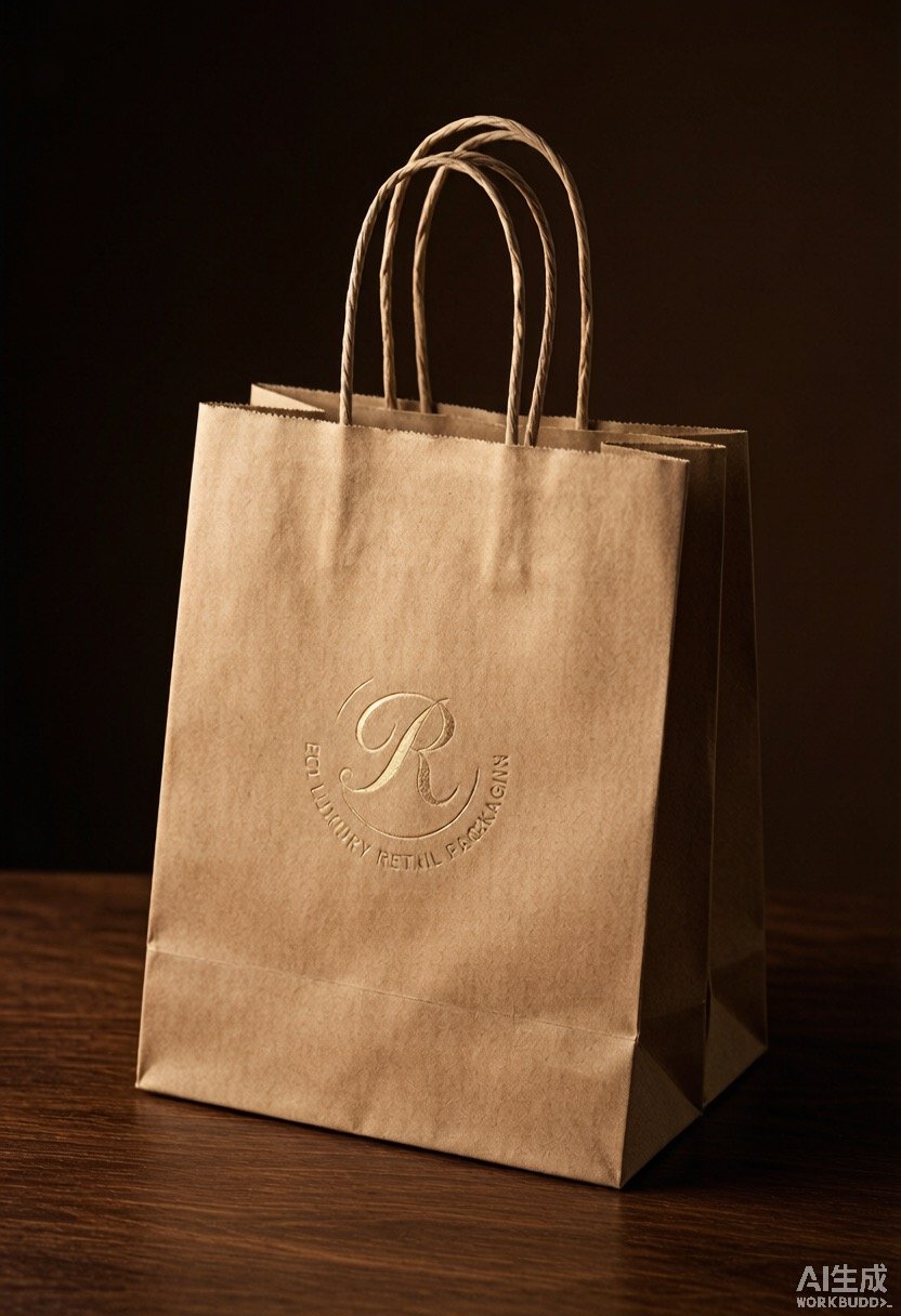 Stack of premium kraft paper shopping bags with cream-gold foil stamped logo on a deep brown surface