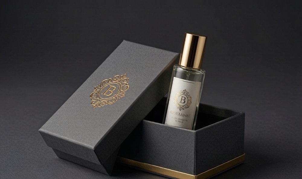 Luxury rigid perfume box with gold foil logo and glass fragrance bottle on charcoal background