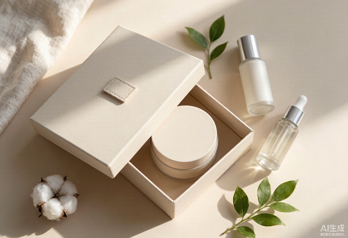 Luxury rigid skincare box with gold foil logo and serum bottle on deep-green background