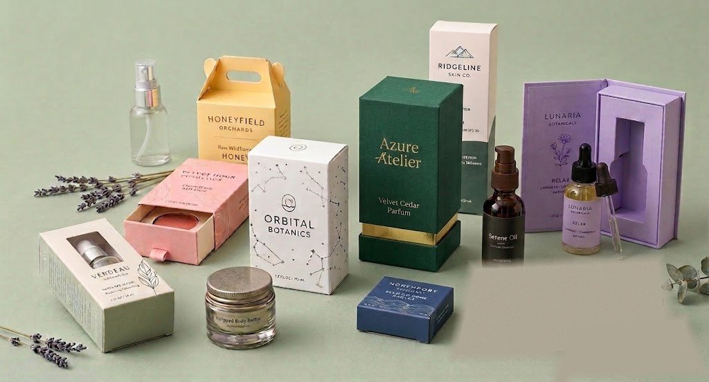 HDPE bottle and skincare packaging on sage background