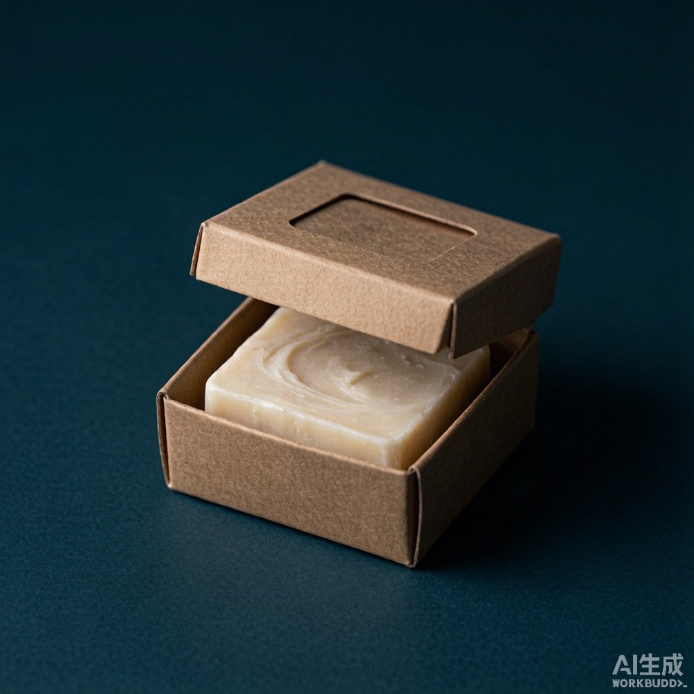 Handmade artisan bar soap resting in an open kraft soap box on a deep teal-slate background