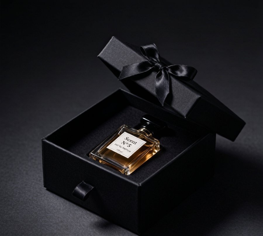 Book-style hinged perfume gift box with ribbon