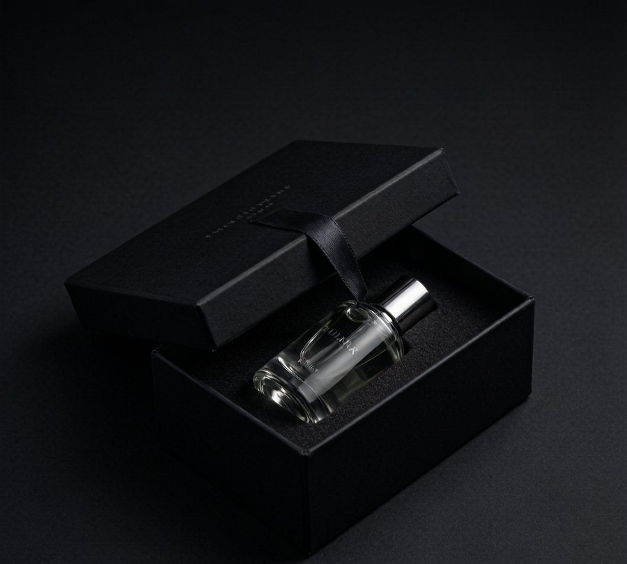 Black magnetic closure perfume box with ribbon pull