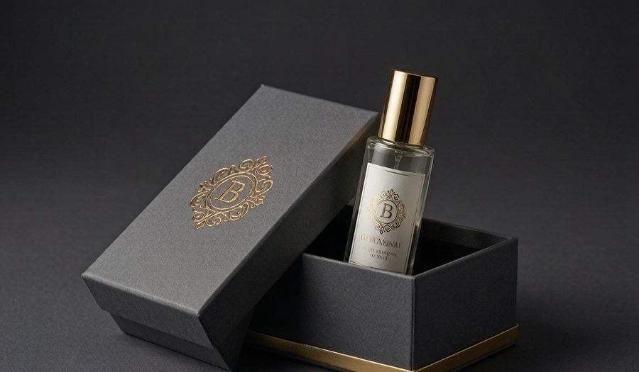 Rigid lid-and-base perfume box with gold foil logo
